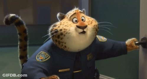 A Cartoon Cheetah Wearing A Police Uniform Stands In Front Of A Door GIF