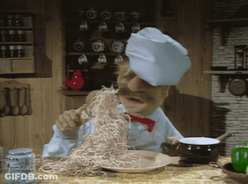 A Cartoon Chef Is Eating Noodles With A Knife And Fork GIF