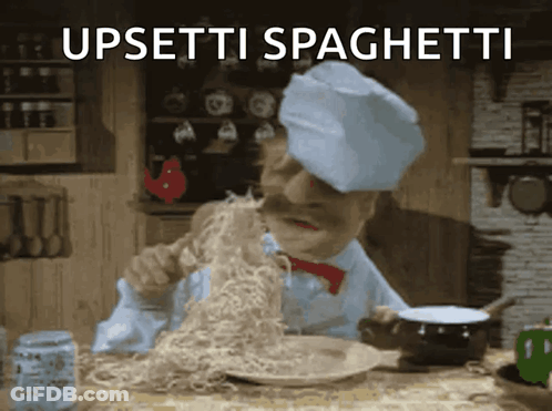 A Cartoon Chef Is Eating Spaghetti With The Caption Upsetti Spaghetti Above Him GIF
