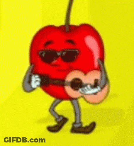 A Cartoon Cherry Is Playing A Guitar With Arms And Legs . GIF