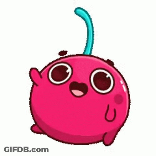 A Cartoon Cherry With Big Eyes And A Blue Stem Is Floating In The Air . GIF