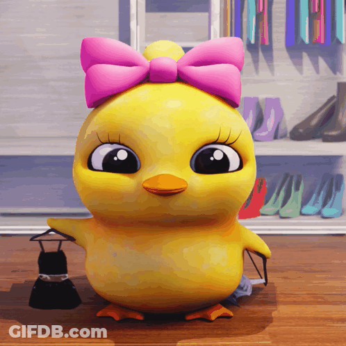 A Cartoon Chick With A Pink Bow On Its Head GIF
