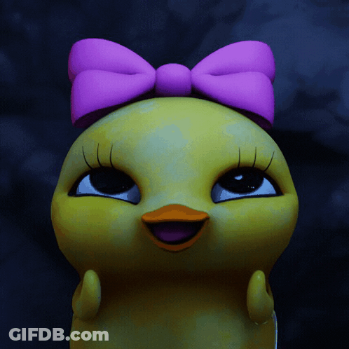 A Cartoon Chick With A Purple Bow On Her Head GIF