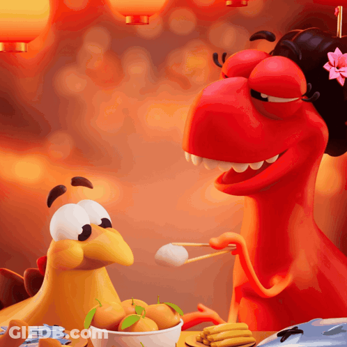 A Cartoon Chicken And A Dragon Are Sitting At A Table With Food GIF