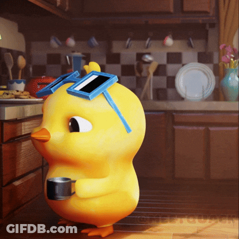 A Cartoon Chicken Holding A Cup Of Coffee And A Cell Phone On Its Head GIF