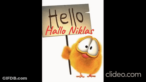 A Cartoon Chicken Holds A Sign That Says Hello Hallo Niklas GIF