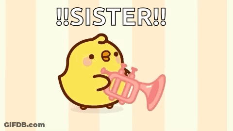 A Cartoon Chicken Is Blowing A Pink Trumpet And Says `` Sister '' . GIF