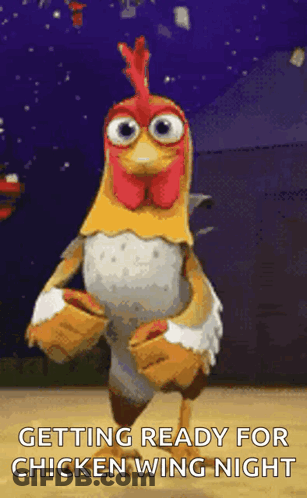 A Cartoon Chicken Is Dancing With The Words Getting Ready For Chicken Wing Night GIF