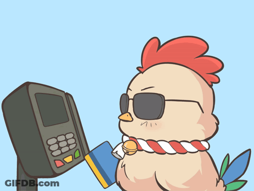 A Cartoon Chicken Wearing Sunglasses Is Using A Credit Card Reader GIF