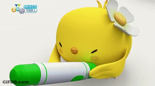 A Cartoon Chicken With A Flower On Its Head Is Holding A Green Marker GIF