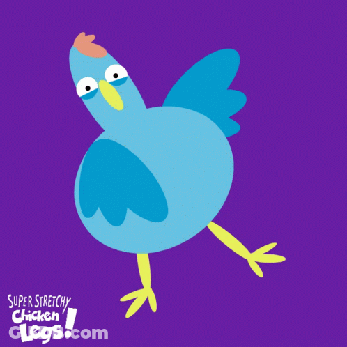 A Cartoon Chicken With Super Stretchy Chicken Legs Written On The Bottom GIF
