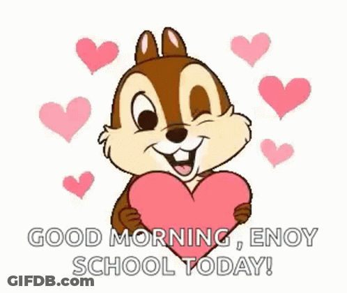 A Cartoon Chipmunk Is Holding A Pink Heart And Says `` Good Morning , Enoy School Today ! '' GIF