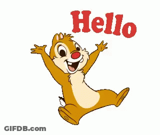 A Cartoon Chipmunk Is Jumping In The Air With His Arms Outstretched And The Words `` Hello '' Below Him . GIF