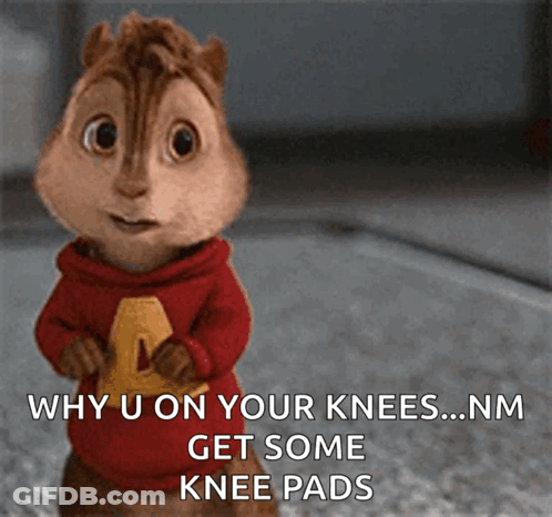 A Cartoon Chipmunk With The Words " Why U On Your Knees Nm Get Some Knee Pads " GIF
