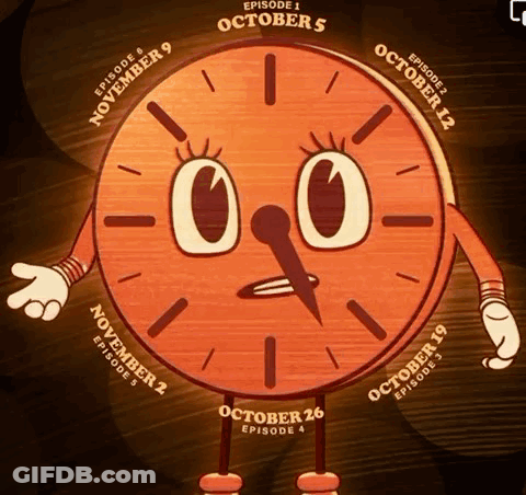 A Cartoon Clock With Arms And Legs Says Episode 1 October 5 Episode 2 October 12 Episode 3 October 19 Episode 4 GIF