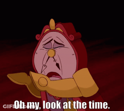 A Cartoon Clock With The Words Oh My Look At The Time Below It GIF