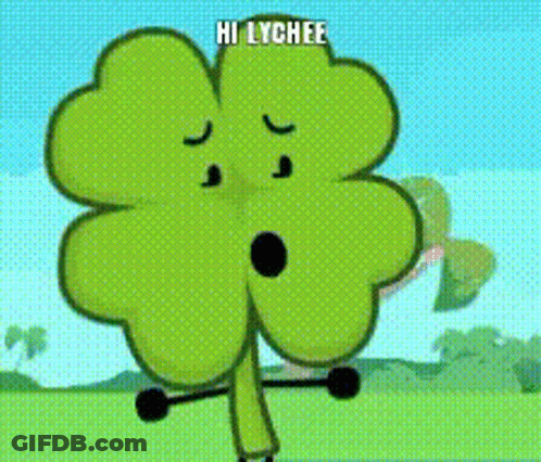 A Cartoon Clover Says Hi Lychee In A Green Field GIF