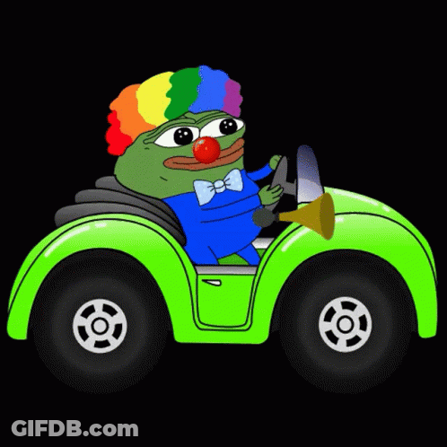 A Cartoon Clown Is Driving A Green Car GIF