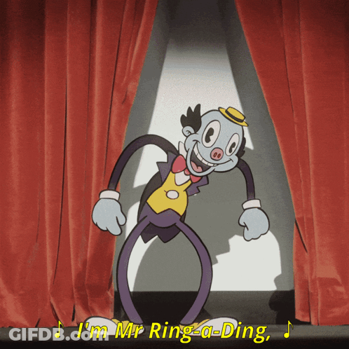 A Cartoon Clown Says I 'M Mr Ring-A-Ding In Front Of A Red Curtain GIF