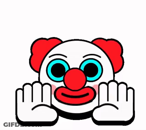 A Cartoon Clown With A Red Nose And Blue Eyes Is Holding His Hands Up . GIF