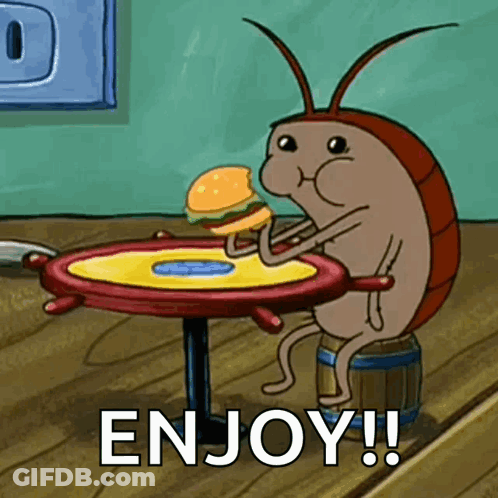A Cartoon Cockroach Is Sitting At A Table Eating A Hamburger With The Words Enjoy Written Below It GIF