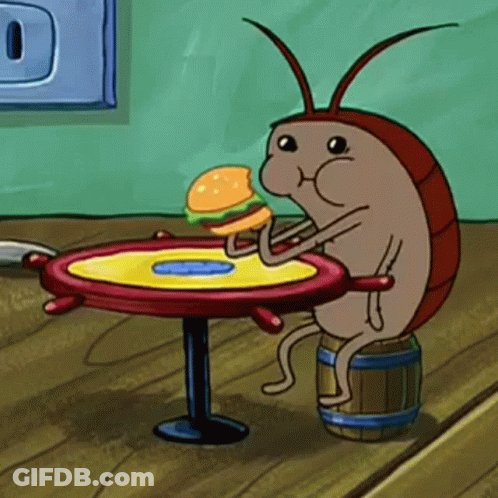 A Cartoon Cockroach Is Sitting At A Table With A Hamburger In Its Mouth . GIF