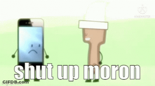A Cartoon Coin With A Face And The Words `` Shut Up Moron '' . GIF