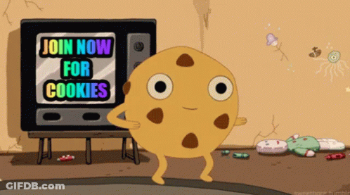 A Cartoon Cookie Is Dancing In Front Of A Tv That Says Join Now For Cookies GIF