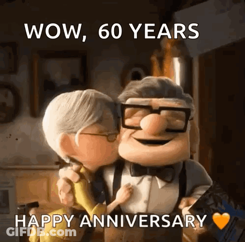 A Cartoon Couple Kissing With The Words Wow 60 Years Happy Anniversary Written Below Them GIF
