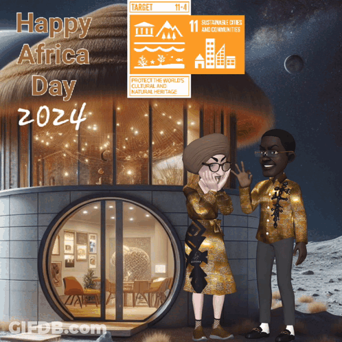 A Cartoon Couple Standing In Front Of A House With The Words Happy Africa Day 2024 GIF