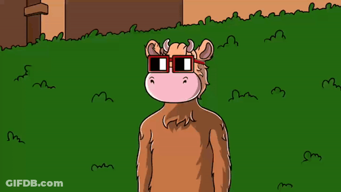 A Cartoon Cow Wearing Sunglasses Is Standing In A Field GIF