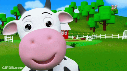 A Cartoon Cow With A Pink Nose Is Smiling In Front Of A Red Barn GIF