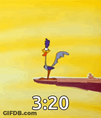 A Cartoon Coyote Is Standing On A Cliff With The Time 3:20 GIF
