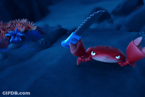 A Cartoon Crab Is Holding A Knife In Its Hand GIF
