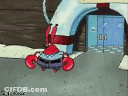 A Cartoon Crab Is Standing In Front Of A Building . GIF