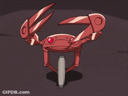 A Cartoon Crab With Red Eyes And A Wheel GIF