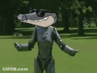 A Cartoon Crocodile In A Robot Costume Is Standing In A Park With His Arms Crossed . GIF