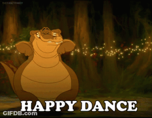 A Cartoon Crocodile Is Dancing In The Woods With The Words Happy Dance Below It GIF