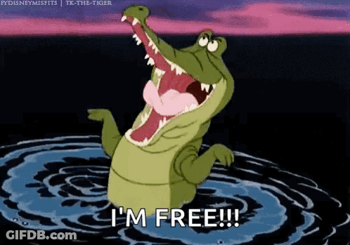 A Cartoon Crocodile Is Standing In The Water And Saying I 'M Free ! GIF