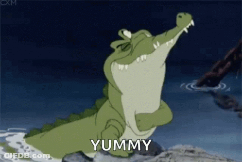 A Cartoon Crocodile Is Standing On Its Hind Legs In The Water With Its Mouth Open And The Word Yummy . GIF