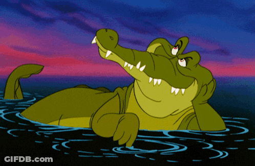 A Cartoon Crocodile Is Swimming In The Water With His Mouth Open GIF