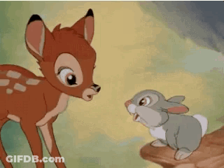 A Cartoon Deer And A Rabbit Are Standing Next To Each Other On A Rock . GIF