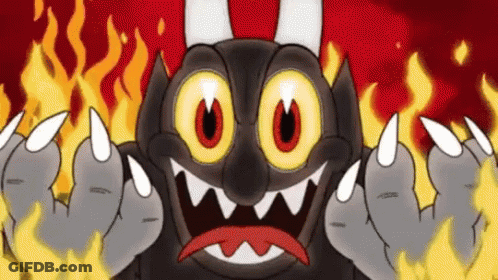 A Cartoon Demon With Horns And Big Eyes Is Surrounded By Fire . GIF