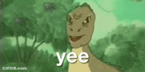 A Cartoon Dinosaur Is Smiling And Says Yee In Front Of Trees . GIF