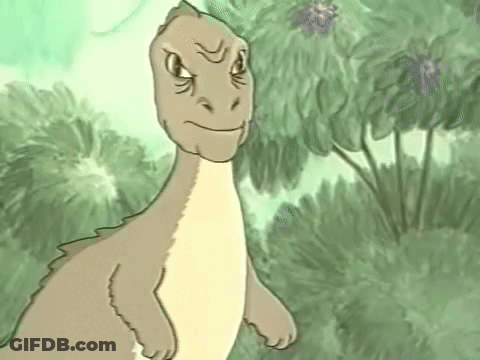A Cartoon Dinosaur Is Standing In The Grass With A Serious Look On Its Face . GIF