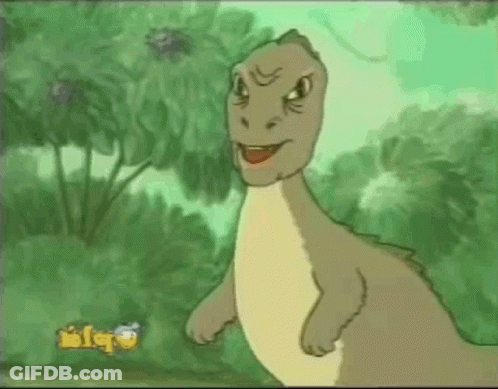 A Cartoon Dinosaur Is Standing In The Grass With Its Mouth Open And Trees In The Background . GIF