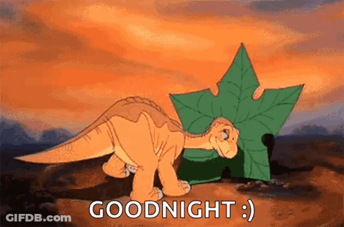 A Cartoon Dinosaur Is Standing Next To A Maple Leaf And Says `` Goodnight '' . GIF
