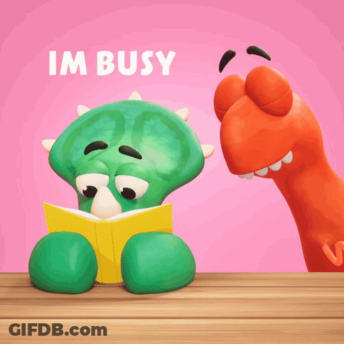A Cartoon Dinosaur Reading A Book Next To Another Dinosaur With The Words Im Busy Above Them GIF