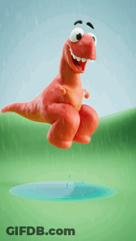 A Cartoon Dinosaur Splashing In A Puddle Of Water GIF