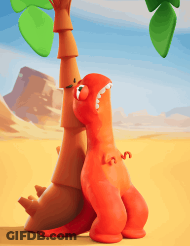 A Cartoon Dinosaur Standing Next To A Palm Tree In The Desert GIF